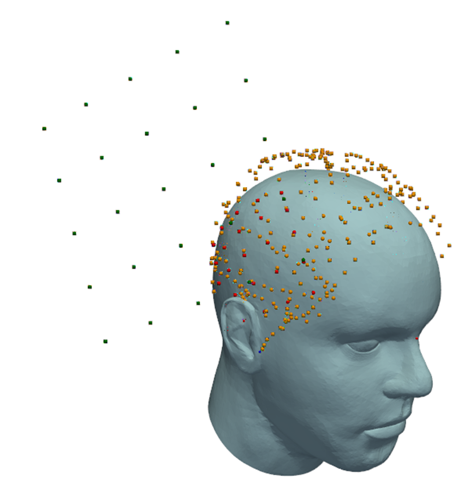 Planar generation grid projected onto the scalp